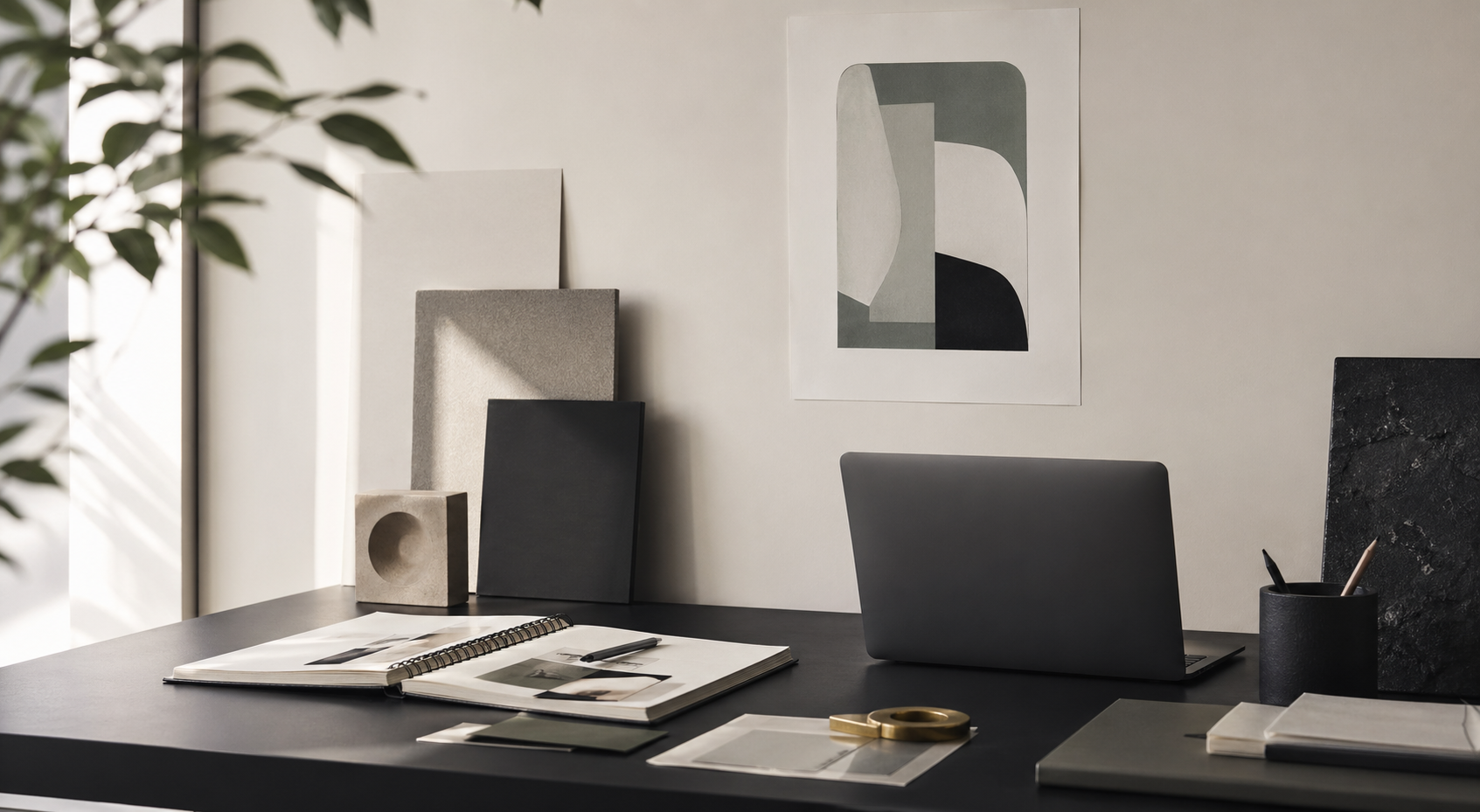 极简设计工作台，包含笔记本电脑、草图本和排版样张